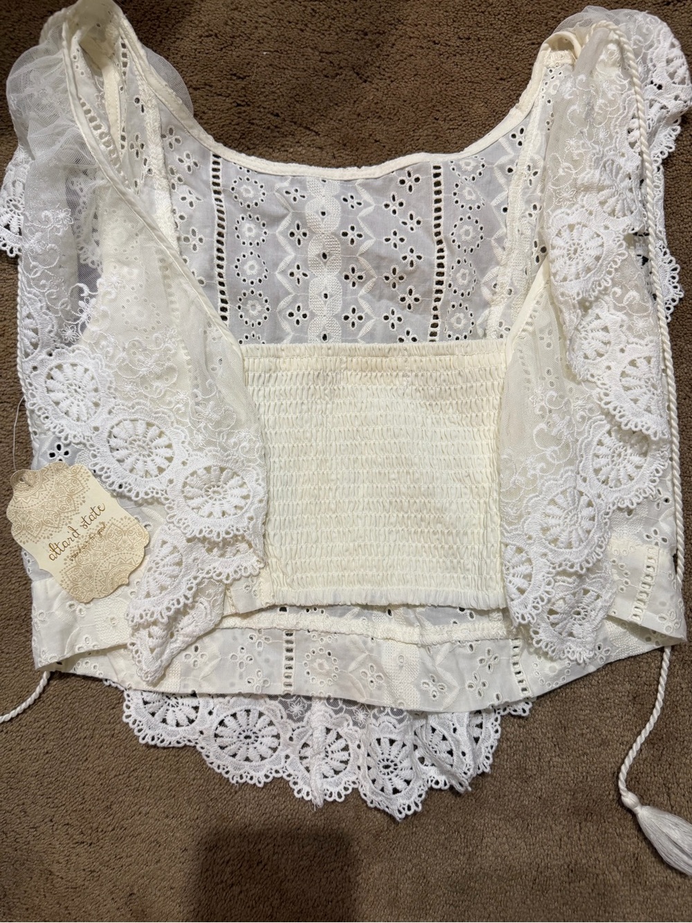 Altar'd State Cream Eyelet Lace Peasant Blouse with Tassels - Picture 4 of 4